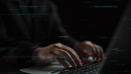 Aufkleber - A detailed close-up image showcasing hands typing on a laptop keyboard surrounded by code overlays, representing the world of technology and digital innovation. Xenic