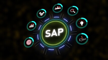 Poster - Dynamic SAP Business Software Animation Futuristic Technology Interface Data. SAP Software Animation Showing Business Solutions And Growth.Data, Strategy, Innovation Drive Success And Efficiency.