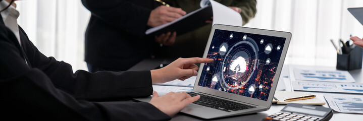 Poster - Panorama shot analyst team utilizing BI Fintech to analyze financial report with laptop. Businesspeople analyzing BI data dashboard displayed on laptop screen for business insight. Prodigy