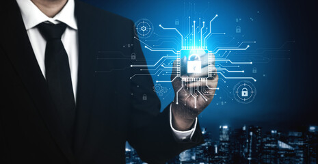 Poster - Cyber security system protecting digital infrastructure. Cyber security ensures data safety, prevents breaches, cyber security strengthens defense, and supports secure operations. Vouch
