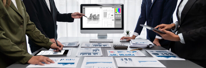 Poster - Panorama shot analyst team utilizing BI Fintech to analyze financial report with laptop. Businesspeople analyzing BI data dashboard displayed on laptop screen for business insight. Prodigy