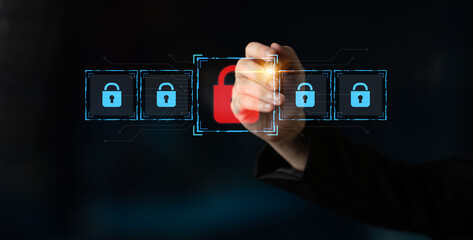 Poster - Digital security concept illustrating a cybersecurity breach, with a red unlocked padlock indicating data exposure among secure systems, emphasizing system vulnerability and risk Latch