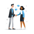 © ArmirAI - Two figures, a man and a woman, are shaking hands. Speech bubbles float above them, with several heart shapes in the background. They are standing.