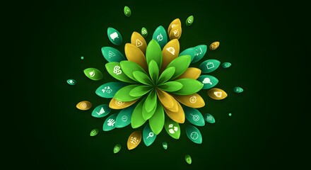 Poster - Abstract flower made of green and yellow petals with white icons on a dark green background