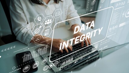 Aufkleber - Professional working on laptop with data integrity concept and digital graphics showcasing modern technology and analysis tools. Asymptotic smart data analytic.