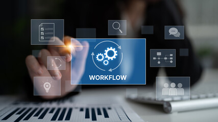 Poster - Workflow optimization concept featuring interconnected gears, task management, collaboration, process mapping, review, and automation for business productivity and efficiency Latch