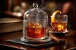 © whitestorm - A meticulously crafted smoked whiskey cocktail served under a glass cloche.
