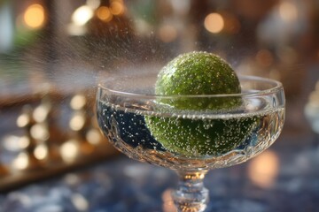 Poster - Whole lime fruit in effervescent sparkling water, creating lively bubbles.