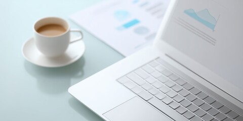 Poster - Laptop on a minimalist desk with a cup of coffee beside it, showcasing a clean workspace, documents with graphs, and a serene atmosphere for productivity and focus