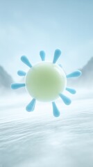 Poster - 3D illustration of a stylized virus structure with blue spikes and a green core, floating in a misty environment, symbolizing health and science concepts in a modern context