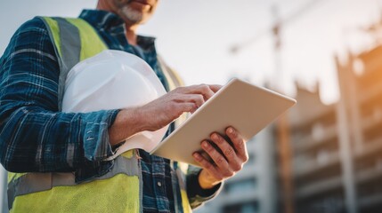 Aufkleber - Unrecognizable man engineer on construction site, holding tablet with blueprints., no logos, no brands