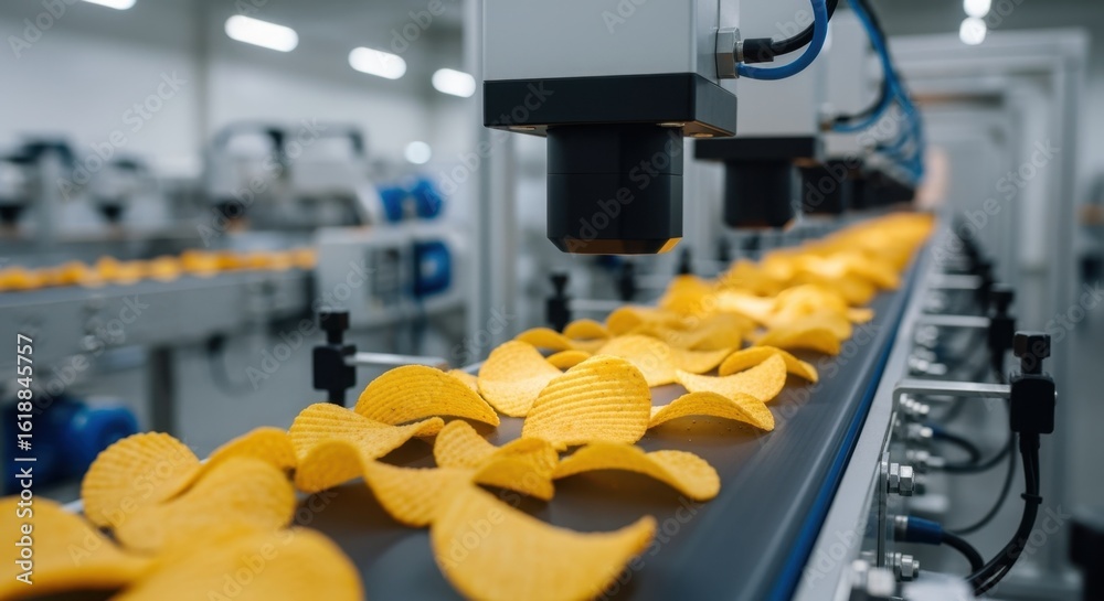 Potato Inspection Line Conveyor system transporting seasoned potato chips through quality ...