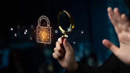 Poster - Cyber security safeguards data and systems. Cyber security uses AI, digital security protects cloud, Cyber security defends finance, and ensures access control. Latch
