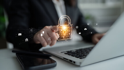 Poster - Cyber security safeguards data and systems. Cyber security uses AI, digital security protects cloud, Cyber security defends finance, and ensures access control. Latch