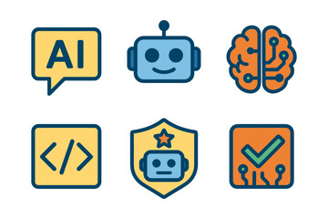Wall Mural - Artificial intelligence icons: chatbot, brain, coding, and security symbols in flat color style