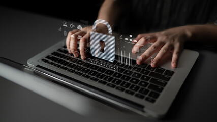 Poster - Cybersecurity protection system showing password encryption, fingerprint ID, cloud security, email, credit card, and database lock for secure data access Latch