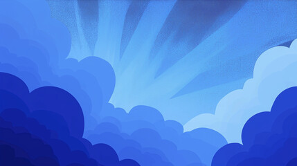 Poster - Blue abstract illustration of clouds with rays of light breaking through, creating a serene atmosphere, ideal for backgrounds or design projects with copy space