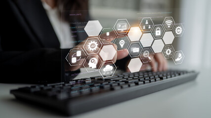 Poster - Hexagon interface combining AI, data, analytics, and cybersecurity. AI connects systems, data drives analytics, data supports decisions, and AI enables smart business infrastructure. Latch
