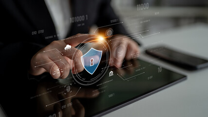 Poster - Cyber security interface with biometric and AI-powered protection system. Cyber security secures access, cybersecurity protects identity, cybersecurity detects threats, and defends data. Latch