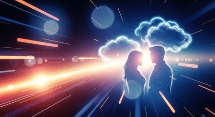 Poster - Silhouettes of a woman and a man facing each other in abstract digital space with glowing clouds and light streaks. Connection idea.