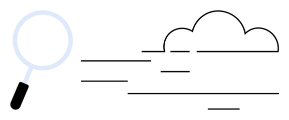 Poster - Magnifying glass scanning a cloud with flowing lines symbolizing data search, cloud storage, and analysis. Ideal for technology, cloud computing, data security, digital innovation, information