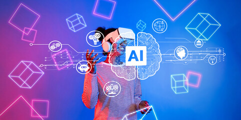 Poster - Futuristic Concept of Artificial Intelligence with User in Virtual Reality Headset Surrounded by AI-Driven Graphics and Symbols XDMCP