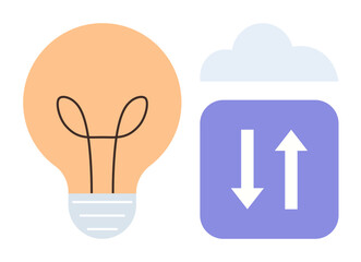 Poster - Lightbulb symbolizing ideas and innovation alongside a cloud with up and down arrows representing cloud storage, data transfer, and connectivity. Ideal for technology, creativity, innovation, cloud