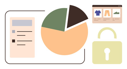 Poster - Pie chart with shopping interface and checklist, emphasizing online shopping trends, data security, and analysis. Ideal for e-commerce, analytics, privacy, cybersecurity, business marketing simple