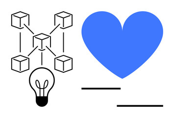 Poster - Blockchain network with nodes connected above a glowing light bulb next to a large blue heart. Ideal for technology, innovation, connectivity, creativity, compassion, balance, simple landing page