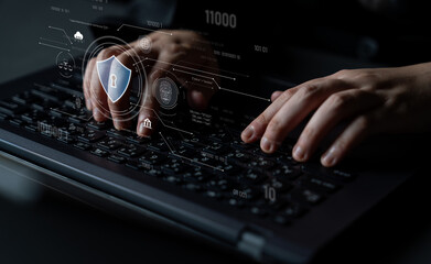 Poster - Cyber security interface with biometric and AI-powered protection system. Cyber security secures access, cybersecurity protects identity, cybersecurity detects threats, and defends data. Latch