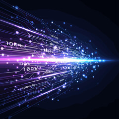 Digital technology background with glowing circuit board and data flow