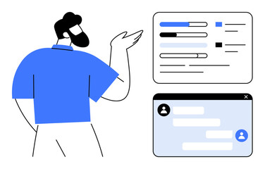 Poster - Man gesturing toward progress bars and chat window. Ideal for analytics, collaboration, productivity, project management, user interaction, education, simple landing page