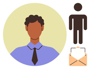 Poster - Male avatar in a suit within circular frame, human figure icon, and open envelope. Ideal for communication, recruitment, networking, identity, correspondence job application business. Simple flat
