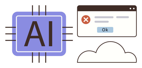 Poster - AI microchip, cloud graphic, and browser error alert with Ok button. Ideal for AI technology, innovation, data storage, automation, network issues, problem-solving simple flat metaphor