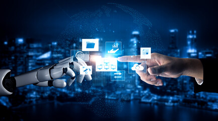 Poster - AI coordinating business infrastructure, managing digital systems, synchronizing cloud platforms, and automating structured data operations for improved analytics and access. Vouch