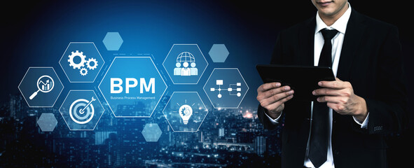 Poster - Business Process Management concept showing workflow analysis, process optimization, team collaboration, automation, and performance improvement Vouch
