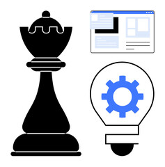 Black chess piece, glowing lightbulb with gear, and a web interface. Ideal for strategy, innovation, creativity, problem-solving, digital development planning teamwork. Simple flat metaphor