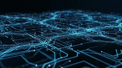 Blue network of interconnecting lines with glowing nodes against a dark background