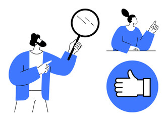 Poster - Man with magnifying glass pointing, woman gesturing thoughtfully, thumbs-up icon for approval and success. Ideal for teamwork, evaluation, approval, research, feedback, guidance simple landing page