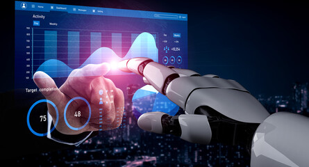 Aufkleber - A sleek robotic hand points to a dynamic digital dashboard displaying data metrics, insights, and trends in a high-tech urban setting. Impute