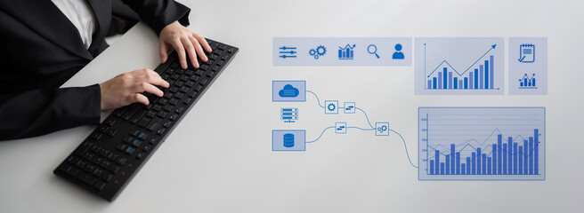 Poster - Data flow from database and cloud to processing and analytics dashboards, representing data analysis, automation, insight generation, and digital intelligence Latch