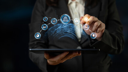 Poster - Data-driven decision-making empowers business through analytics, datum collection, and AI systems. Data driven tools support cloud data processing and data visualization across datum platforms. Spline