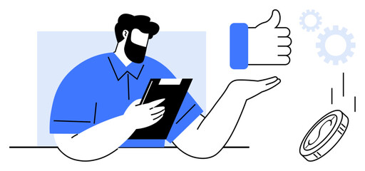 Poster - Man holding clipboard while assessing success. Thumbs up, coin, and gears symbolize growth, productivity, and accomplishment. Ideal for business, evaluation, progress productivity team effort goal