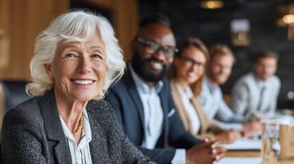 Poster - Senior older female executive ceo and happy multicultural business people discuss corporate project at boardroom table. Smiling diverse corporate team working together in modern meeting room office.,