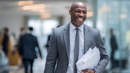 Poster - Laughing African American businessman walking in an office holding paperwork after a meeting with colleagues , no logos, no brands