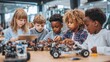 © Johannes - Multiethnic school kids students making robotic cars using tablet computer. Diverse junior children pupils building robot vehicle learning at table at STEM code ai engineering science education class