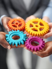 Poster - Close up of a team of business people holding colorful gears in their hands working together