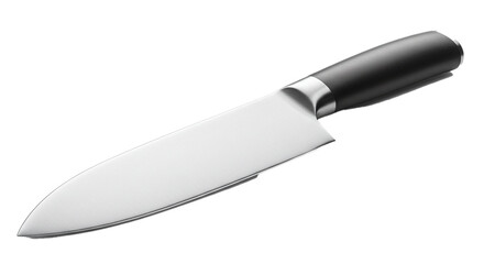 A close up studio shot of a chef's knife with a dark handle on a black background showing the blade on transparent background
