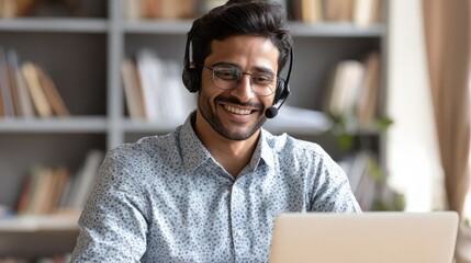 Poster - Indian business man professional employee, remote consultant, customer service support manager wearing headset talking at virtual meeting consulting client on video call at home office call center., 
