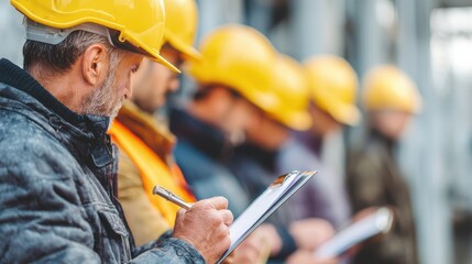 Poster - business, building, teamwork and people concept - group of builders in hardhats with clipboard outdoors, no logos, no brands --ar 16:9 --v 7 Job ID: 69da0844-8e38-41c7-8144-ce753cbb0e91